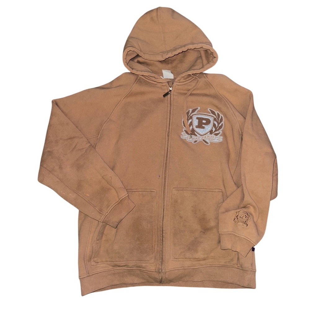 Phat Farm Vintage Mens XXL Full Zip Hoodie Tan Brown Embroidered Crest Hoodie